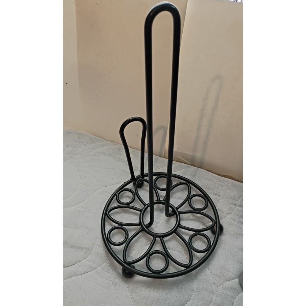 Black Floral Motif Paper Towel Holder Quality Metal With Ball Stand feet